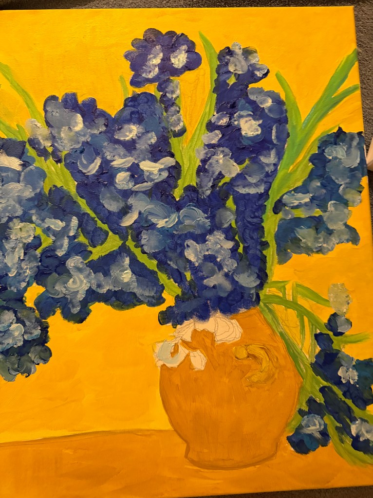 this is for sale not yet finished called "in love with van gogh" as I attempt to do van gogh in my impressionistic simpler style.